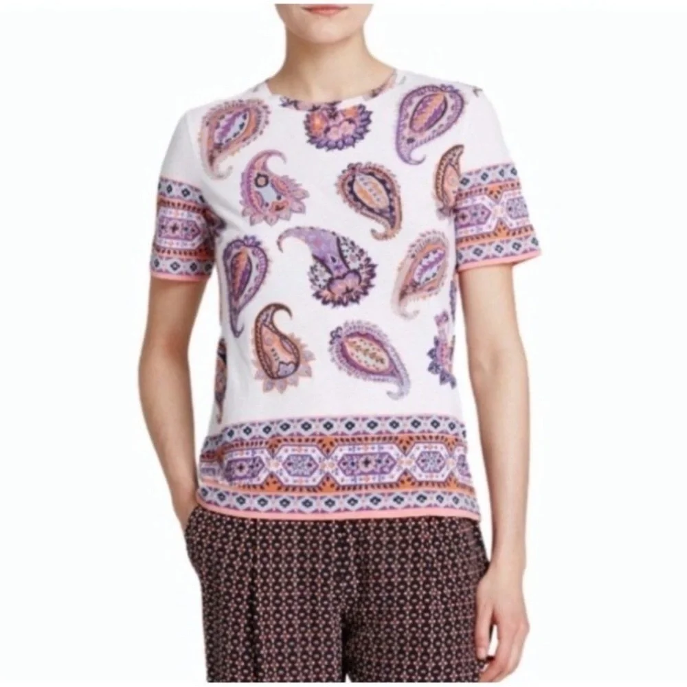 Tory Burch Dapper Paisley Print Short Sleeve TShirt Navy Blue Sz M